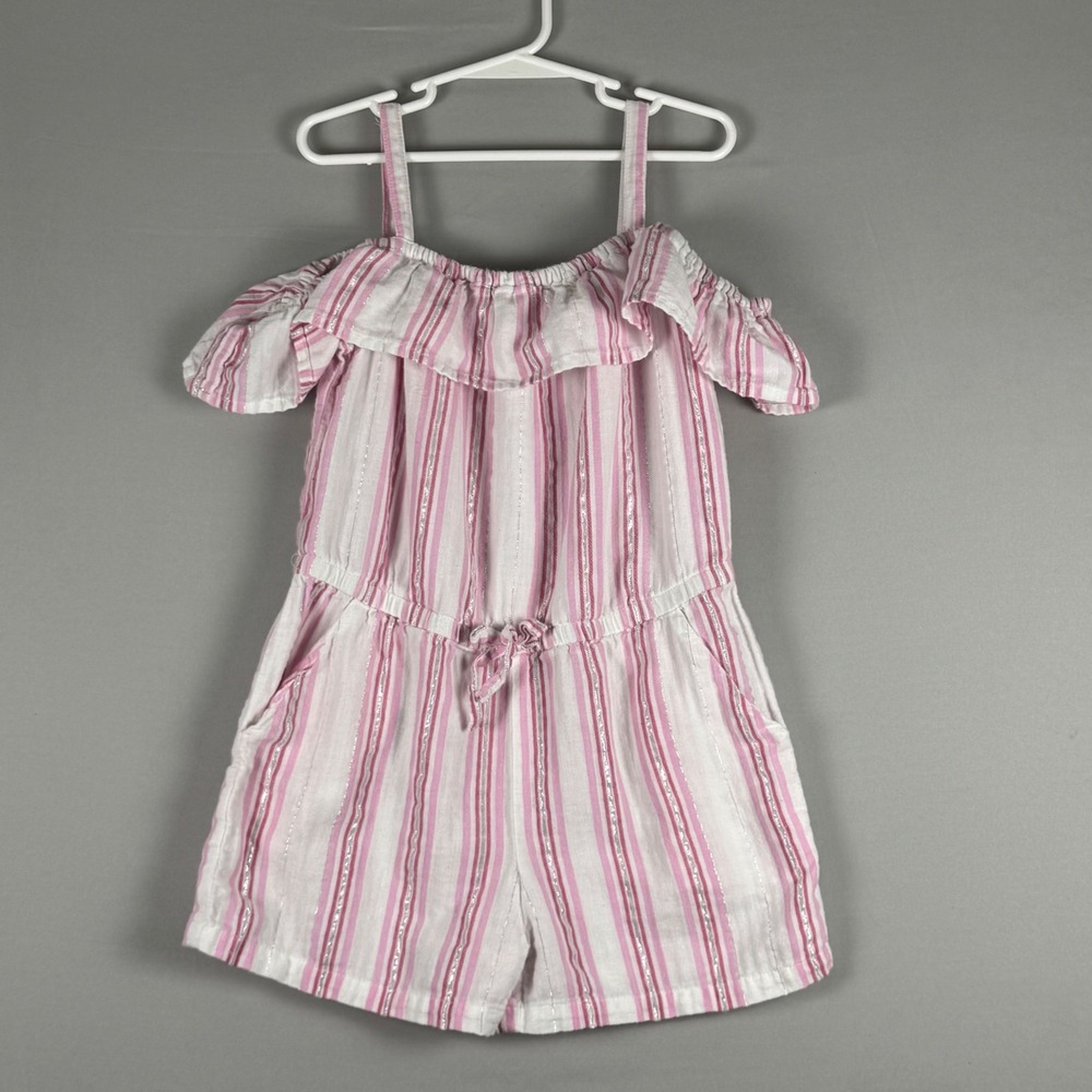 Epic Threads Striped Romper Girls Size 8 Pink White Metallic Ruffle Pockets